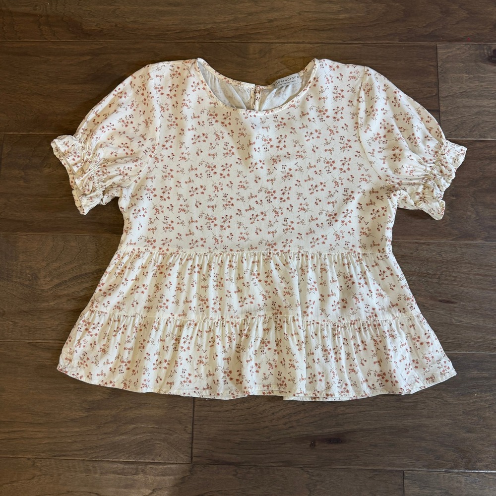 Paper Crane Floral Puff Sleeve Tiered Babydoll Blouse Cream Rust XS